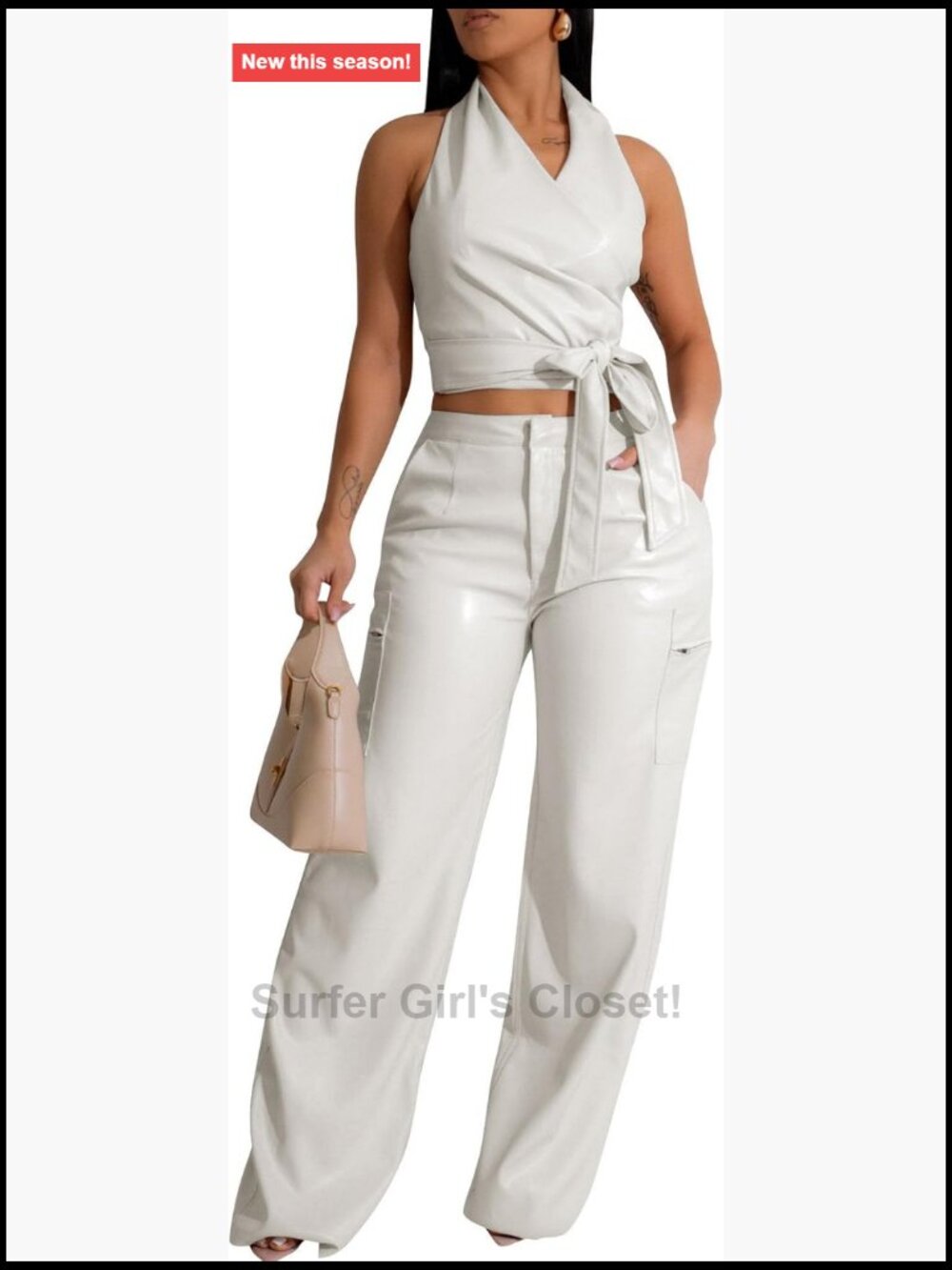 Women's Faux Leather Pants Set Halter Crop Top Straight Leg 2 Piece Outfit